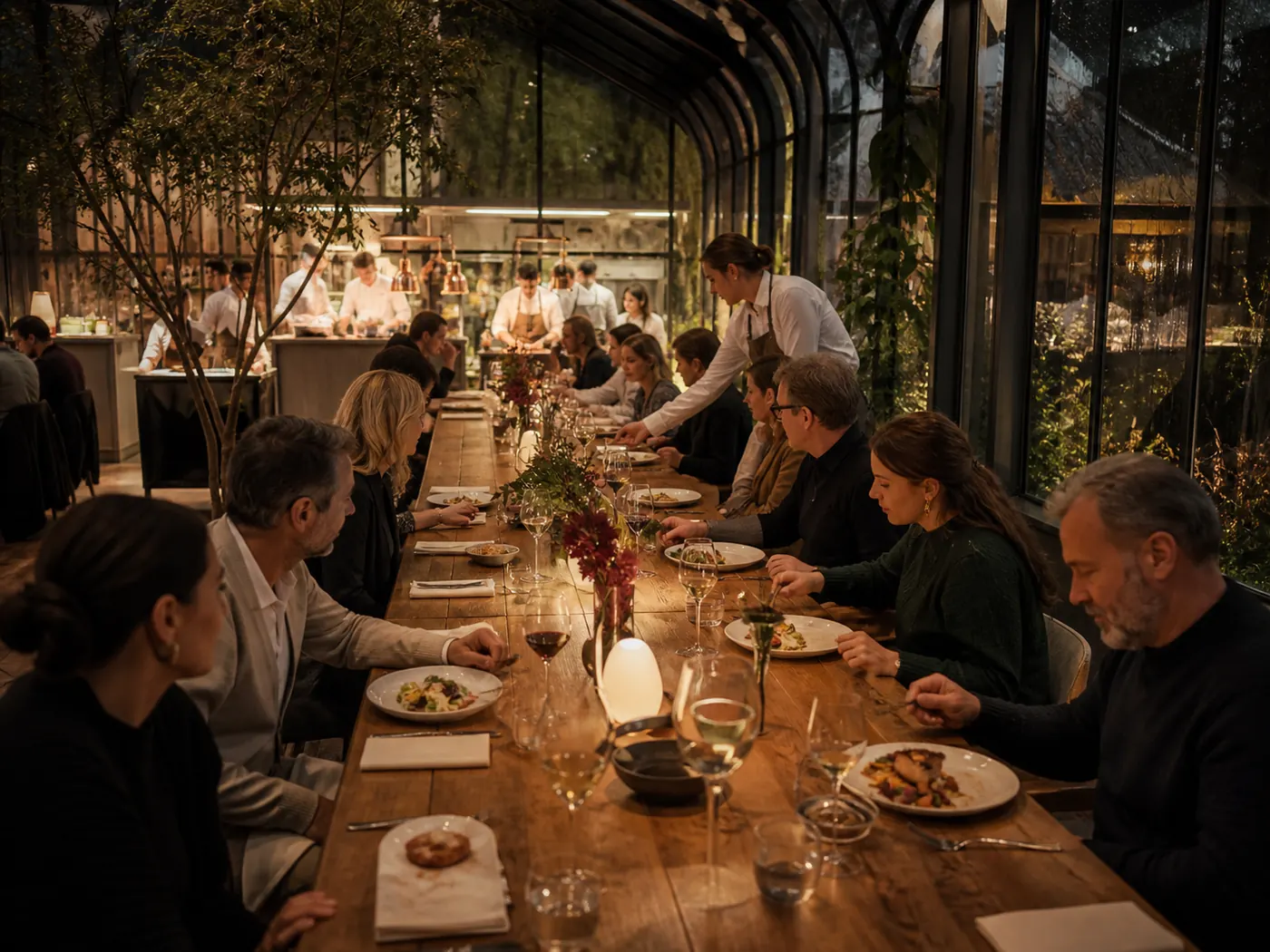 Lange restauranttafel in een glazen wintertuin tijdens het diner