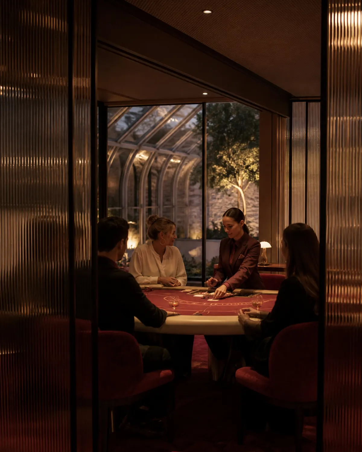 Intieme speelsalon achter geribbeld glas met een gastheer aan tafel