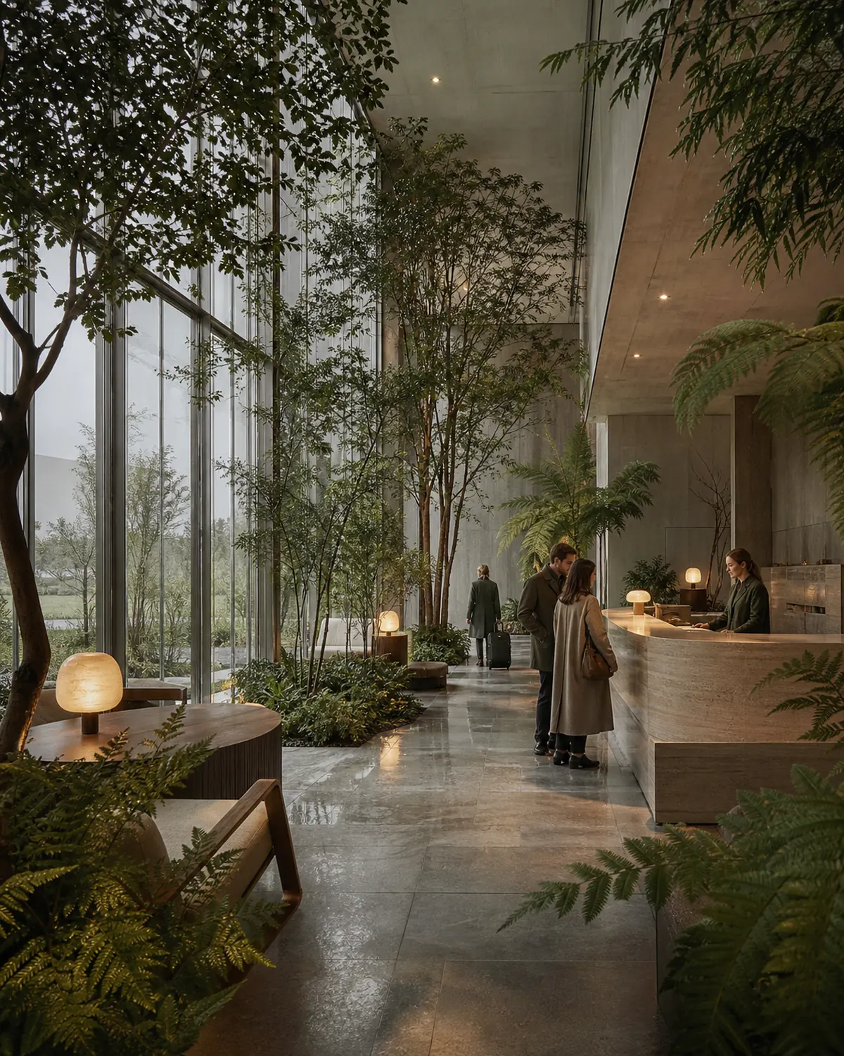 Botanische ontvangsthal met hoge kasramen en een rustige receptie